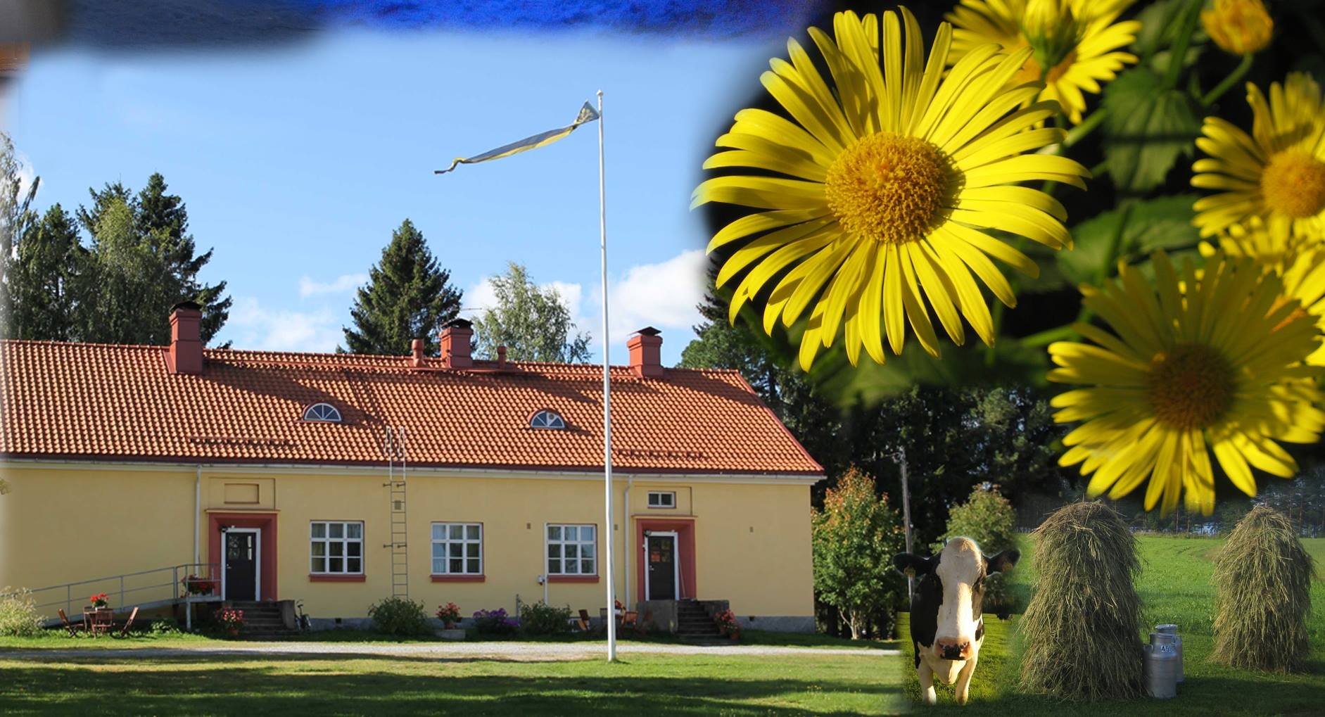 Keltainen punakattoinen talo ja keltaiset kukat